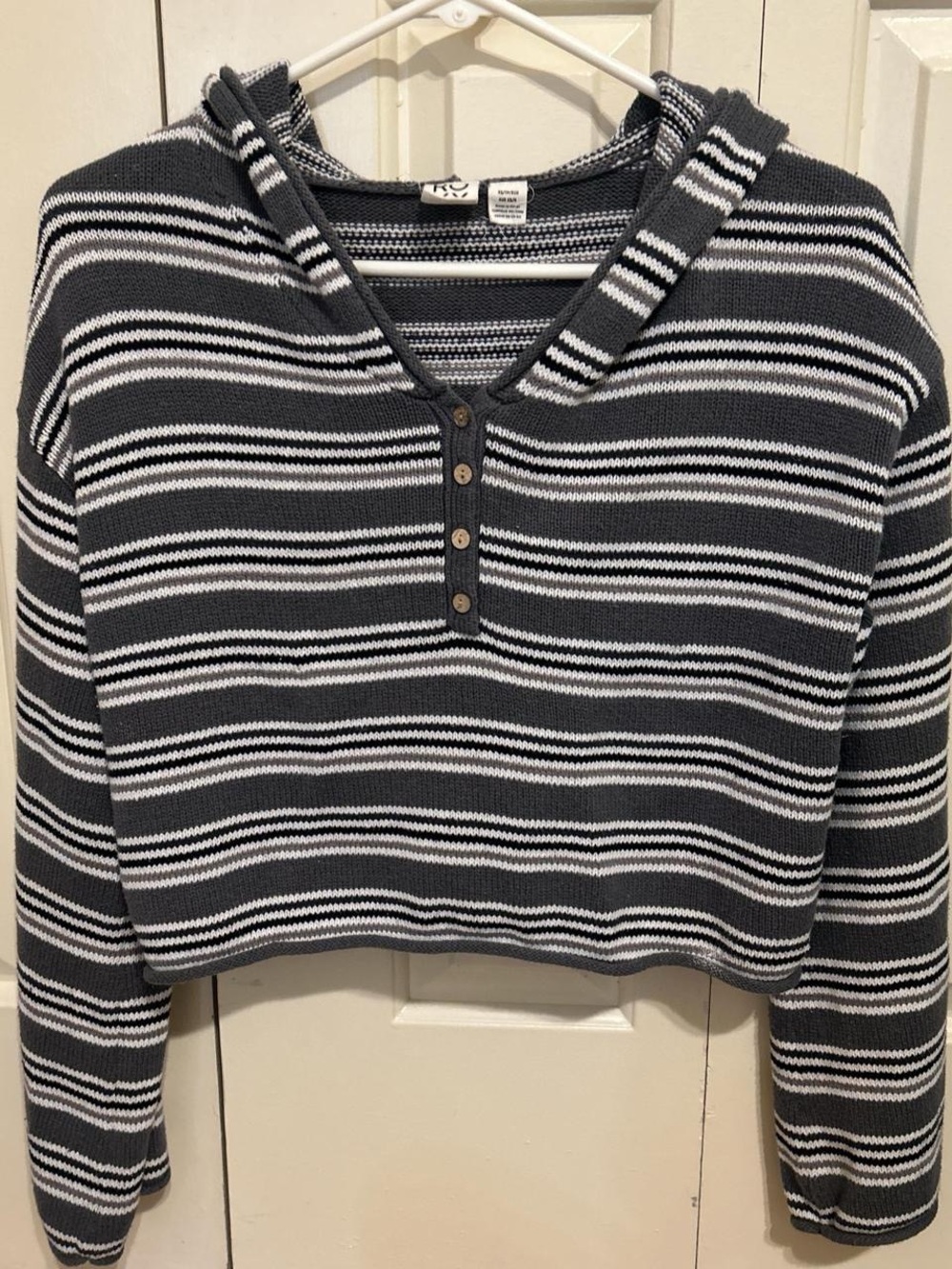Roxy Black & White Striped Hooded Henley Sweatshirt